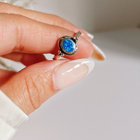 Sterling Silver Blue Opal Ring, Beaded Lab Opal Ring, Bali Opal Ring, Beaded - Picture 2 of 6